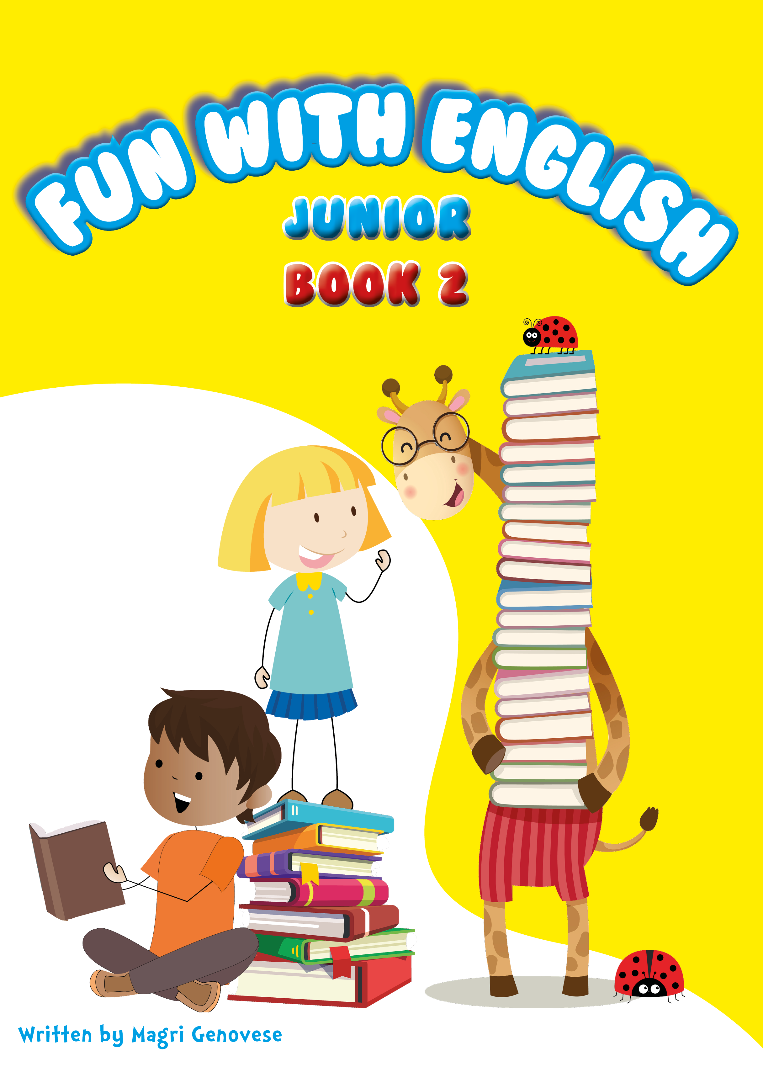 Fun with English Junior Book 1' cover: Playful firefly, blue elephant and a boy reading, by Magri Genovese.