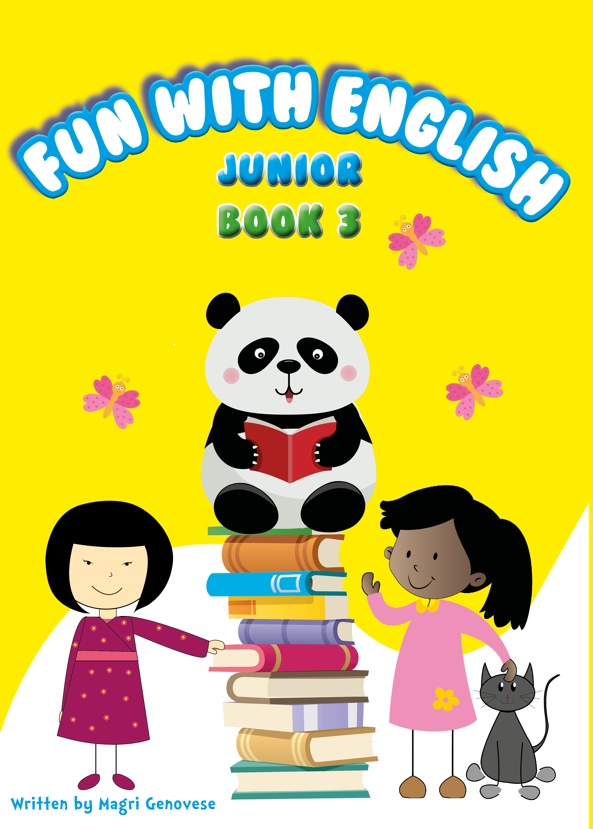 Fun with English Junior Book 1' cover: Playful firefly, blue elephant and a boy reading, by Magri Genovese.