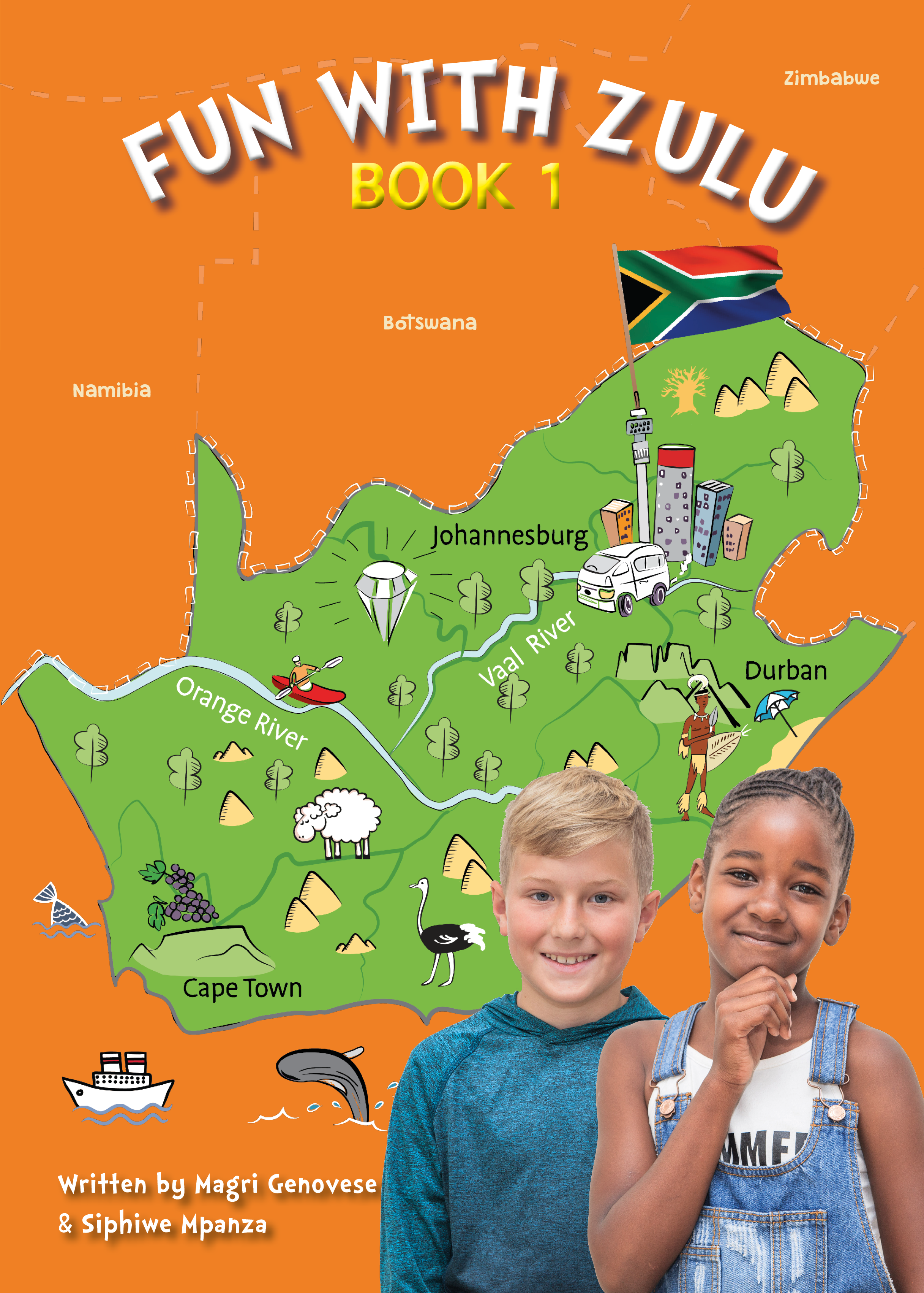 Cover 'Fun with Zulu Book 1' featuring a South African map, landmarks, and two smiling children, written by Magri Genovese and Siphiwe Mpanza.